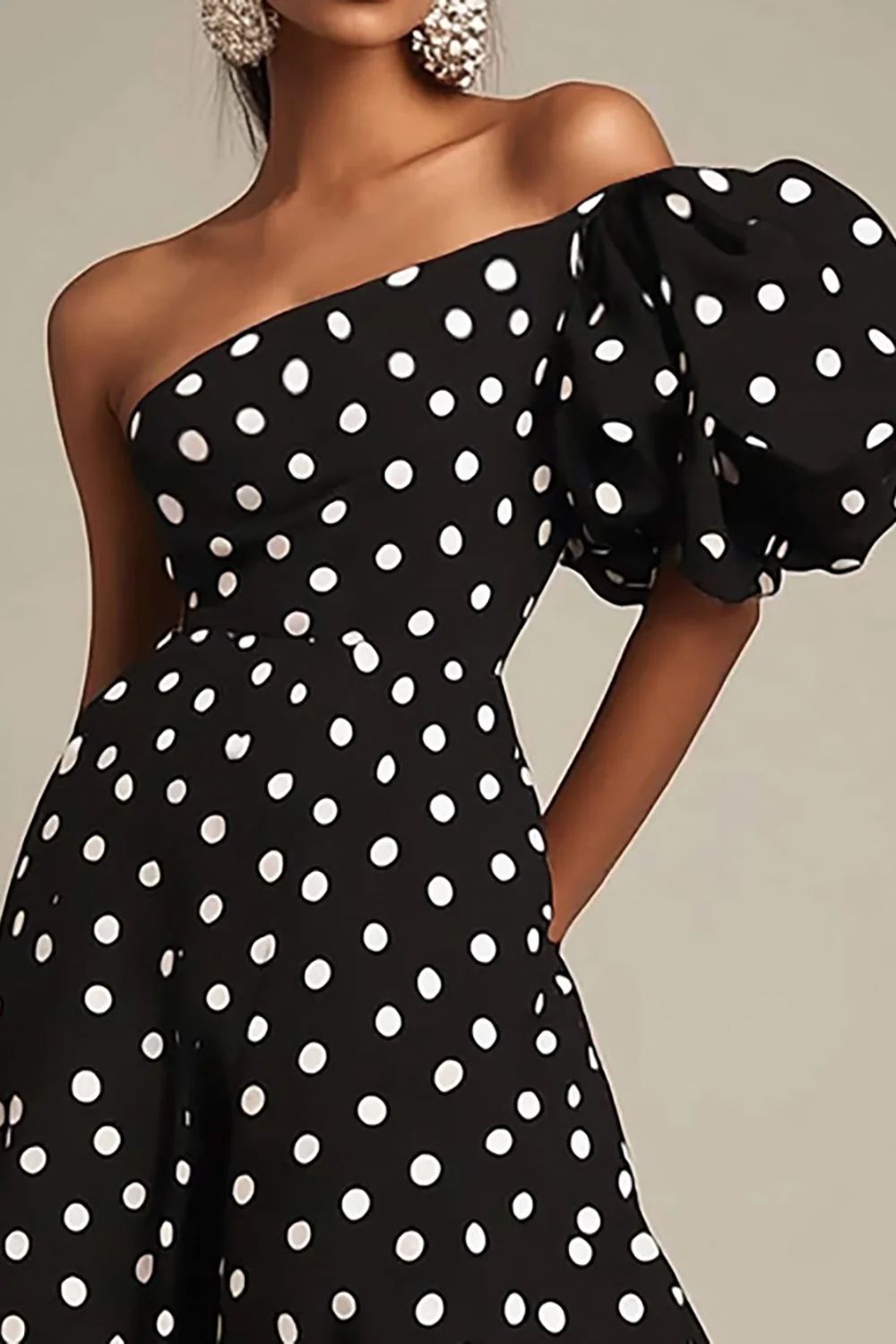 One Shoulder Black and White Satin Puff Sleeves Boho Maxi Polka Dot Dress - JUORTHO