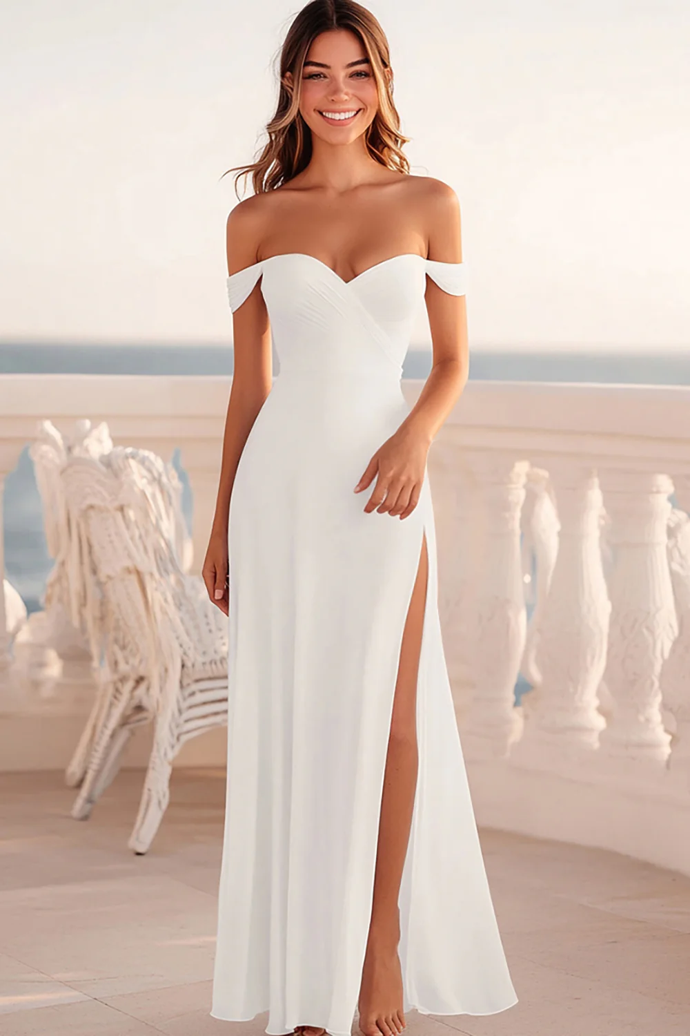 Off the Shoulder White Sheath Long Graduation Dress with Slit - JUORTHO