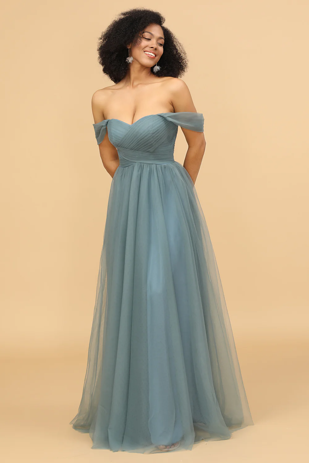 Off The Shoulder Grey Blue Long Bridesmaid Dress - JUORTHO