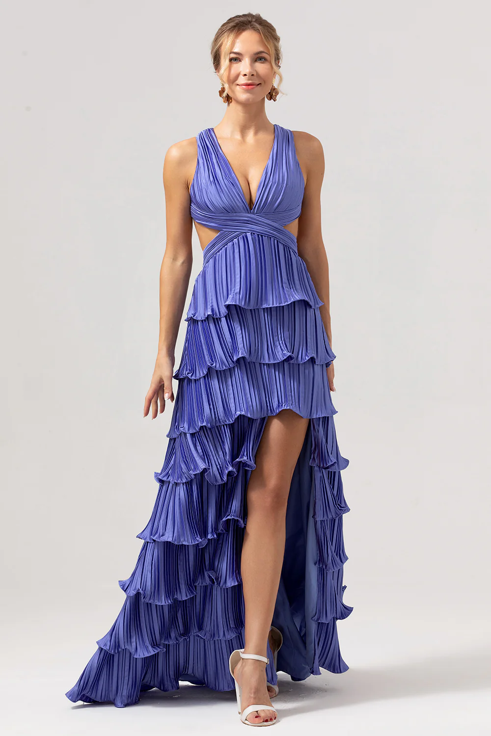 Purple V-Neck Ruffled Long Bridesmaid Dress With Slit - JUORTHO