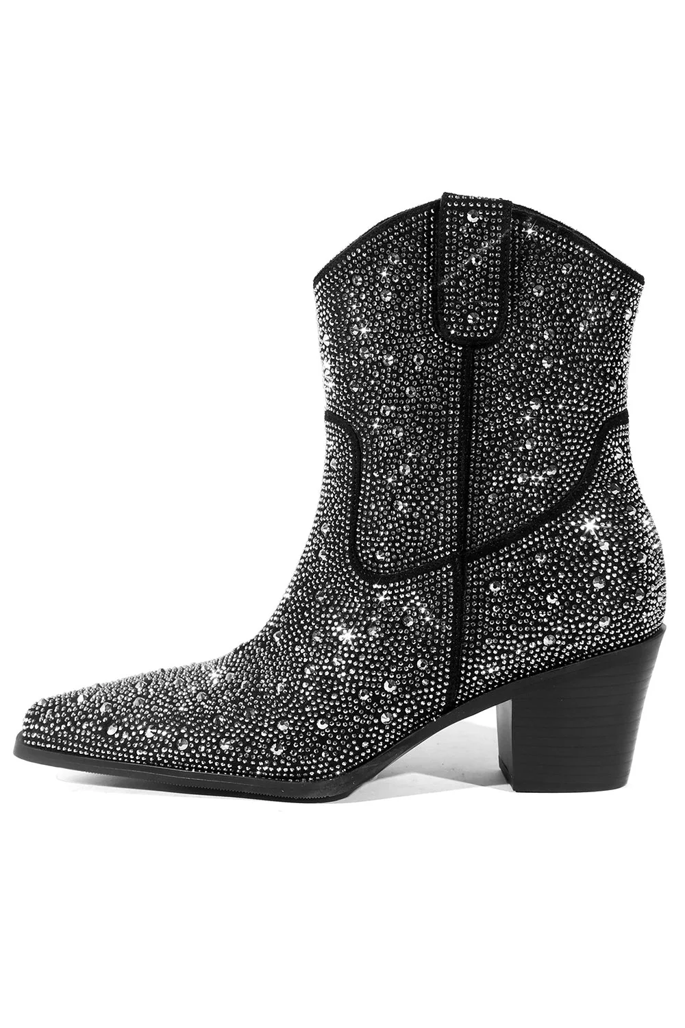 Black Rhinestone Contrast Color Western Ankle Boots - JUORTHO