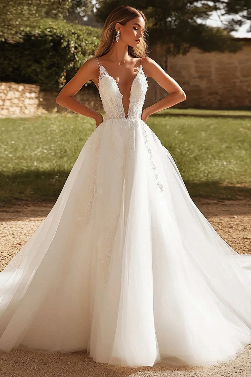 Charming Ivory A Line Tulle Wedding Dress with Lace Appliques - JUORTHO