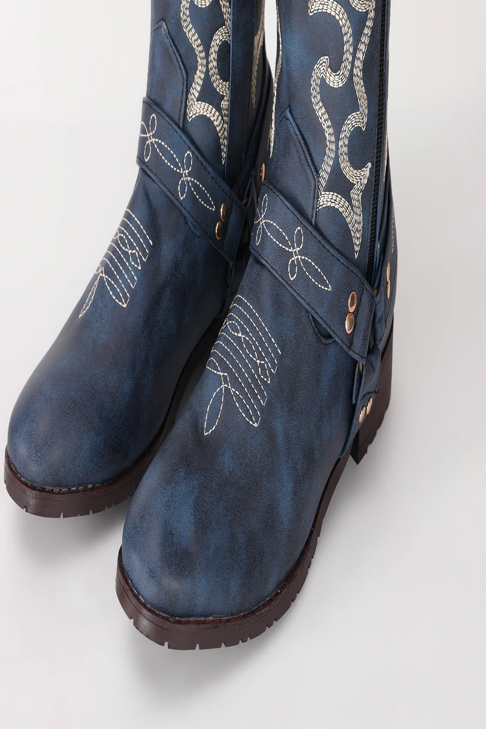 Embroidered Blue Cowgirl Boho Mid Calf Boots - JUORTHO