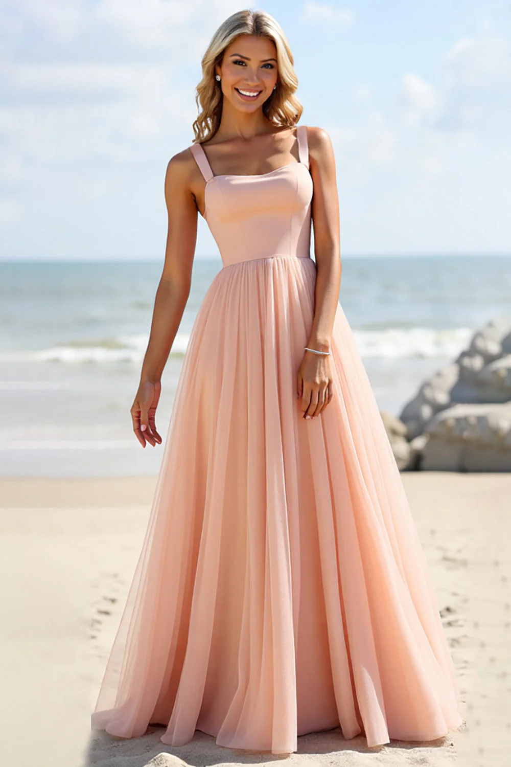 Blush Tulle A Line Square Neck Long Bridesmaid Dress - JUORTHO