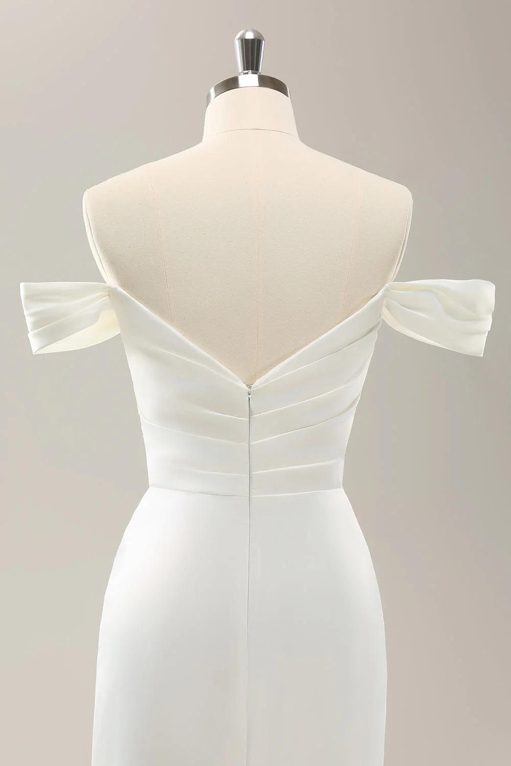 White Mermaid Off The Shoulder Pleated Satin Wedding Dress with Slit - JUORTHO