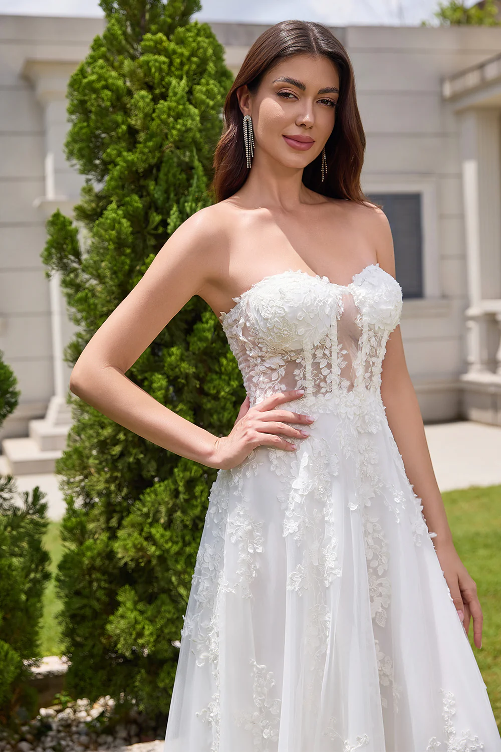 Princess White A-Line Lace Up Corset Tulle Wedding Dress with Appliques Lace - JUORTHO