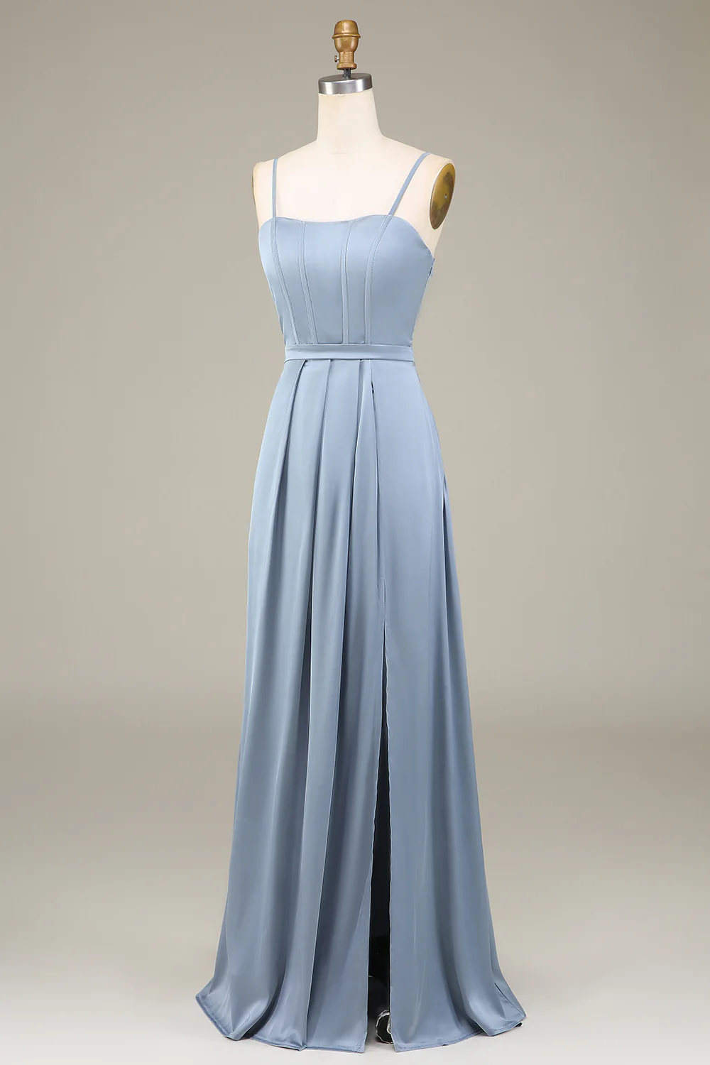 Dusty Blue A-Line Spaghetti Straps Satin Long Bridesmaid Dress - JUORTHO