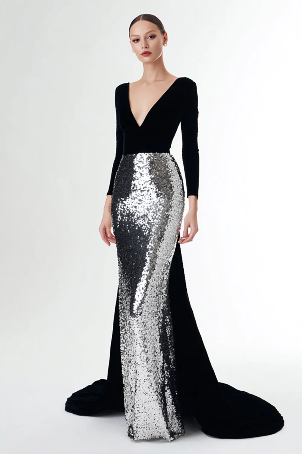 Sparkly Black and Silver V-Neck Long Holiday Party Dress with Sleeves - JUORTHO