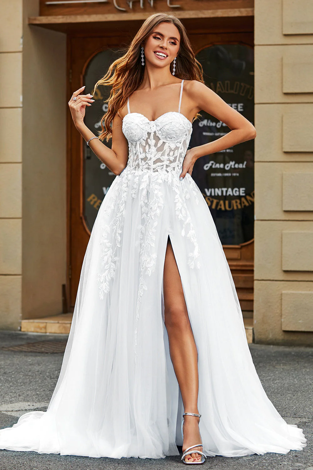 White Corset A-Line Long Tulle Bridal Dress with Slit - JUORTHO