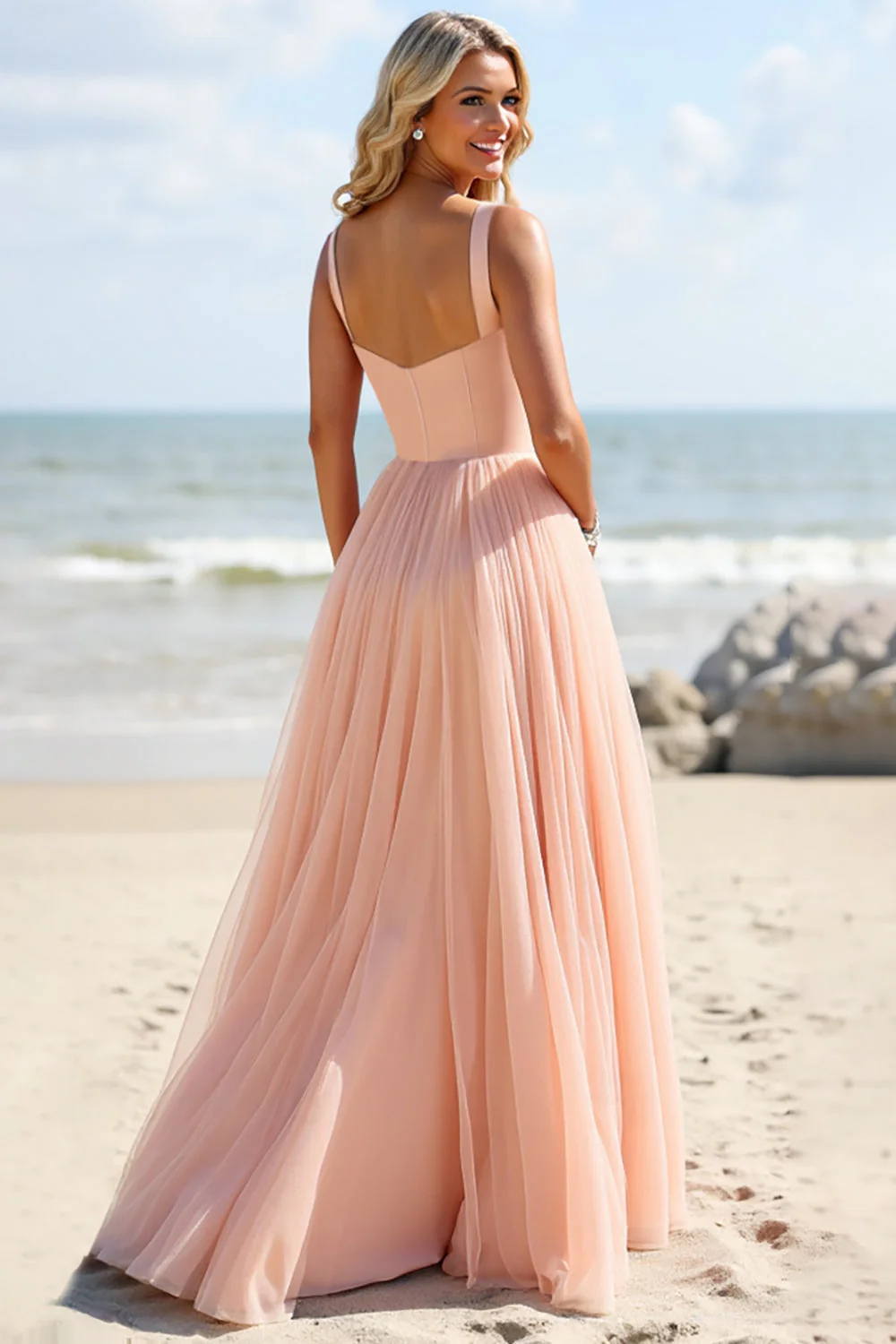 Blush Tulle A Line Square Neck Long Bridesmaid Dress - JUORTHO