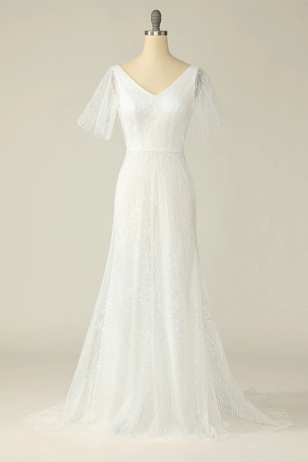 White V Neck Lace Wedding Dress - JUORTHO