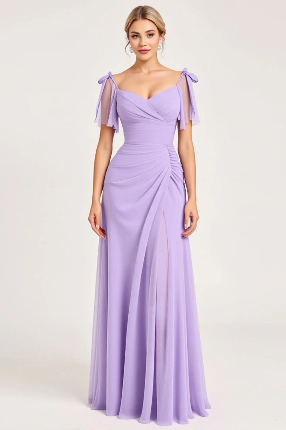 Lilac Maxi Sheath Spaghetti Straps Bridesmaid Dress with Slit - JUORTHO