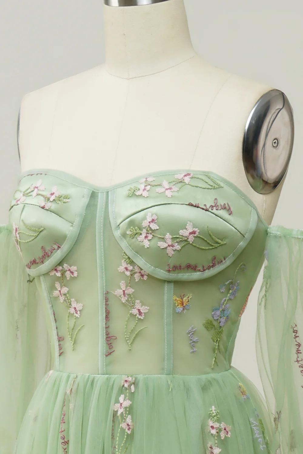 Green Off Shoulder Floral Long Prom Dress - JUORTHO