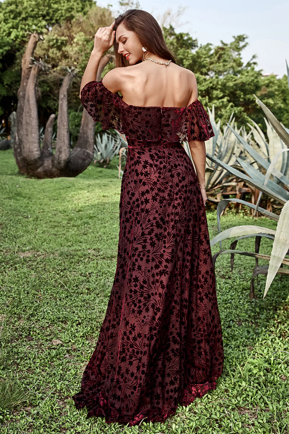 A Line Off the Shoulder Burgundy Long Prom Dress with Belt - JUORTHO