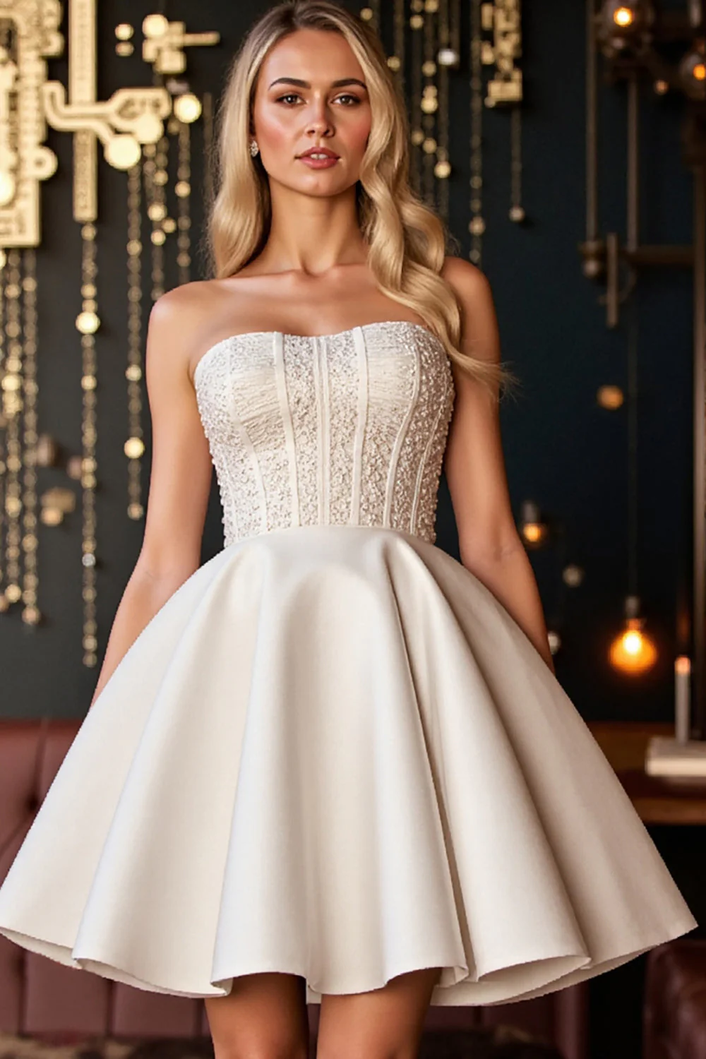 Ivory Satin A Line Strapless Short Corset Homecoming Dress with Appliques - JUORTHO