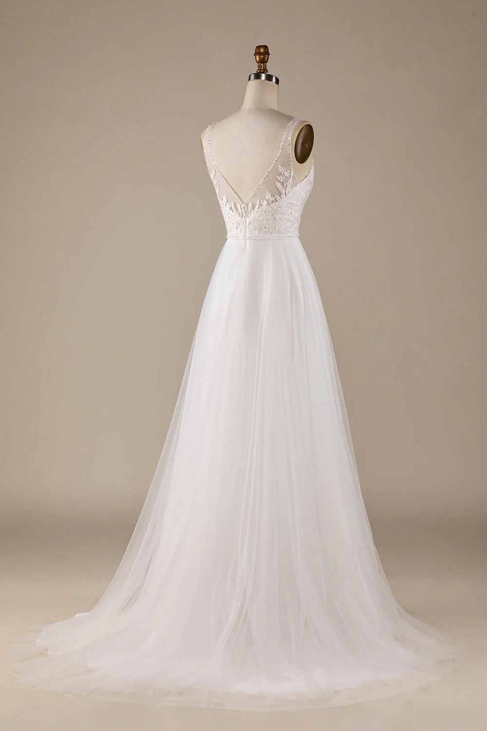 Ivory V-Neck Tulle Sweep Train Wedding Dress with Lace - JUORTHO