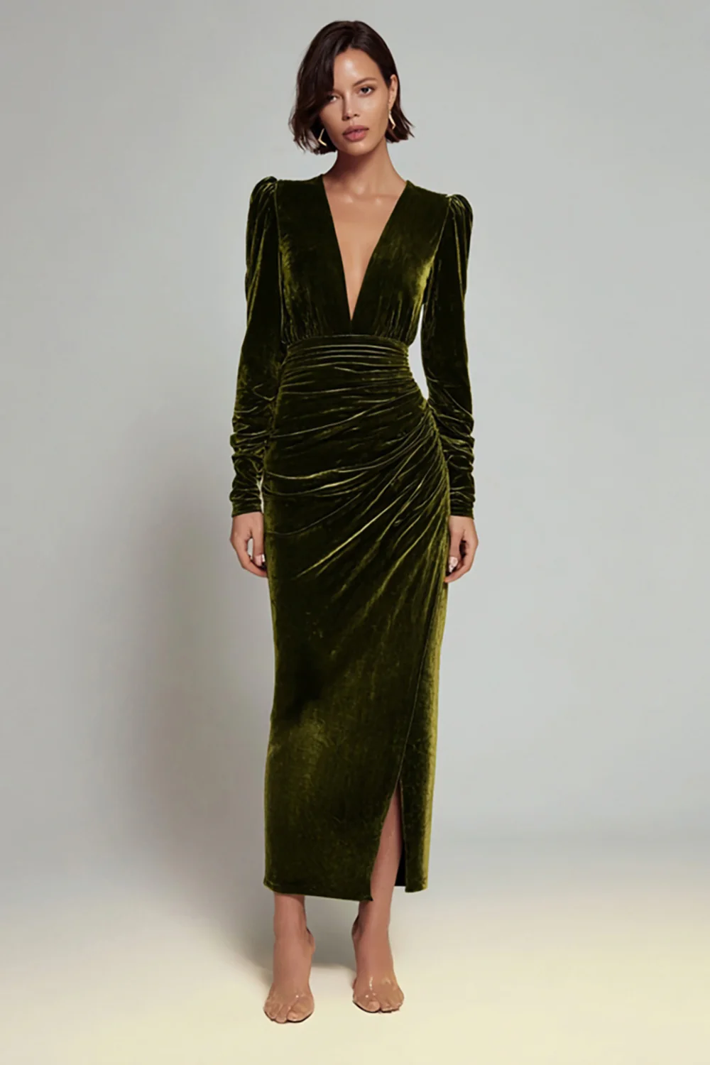 Olive Sheath Velvet Deep V-Neck Long Holiday Party Dress with Sleeves - JUORTHO