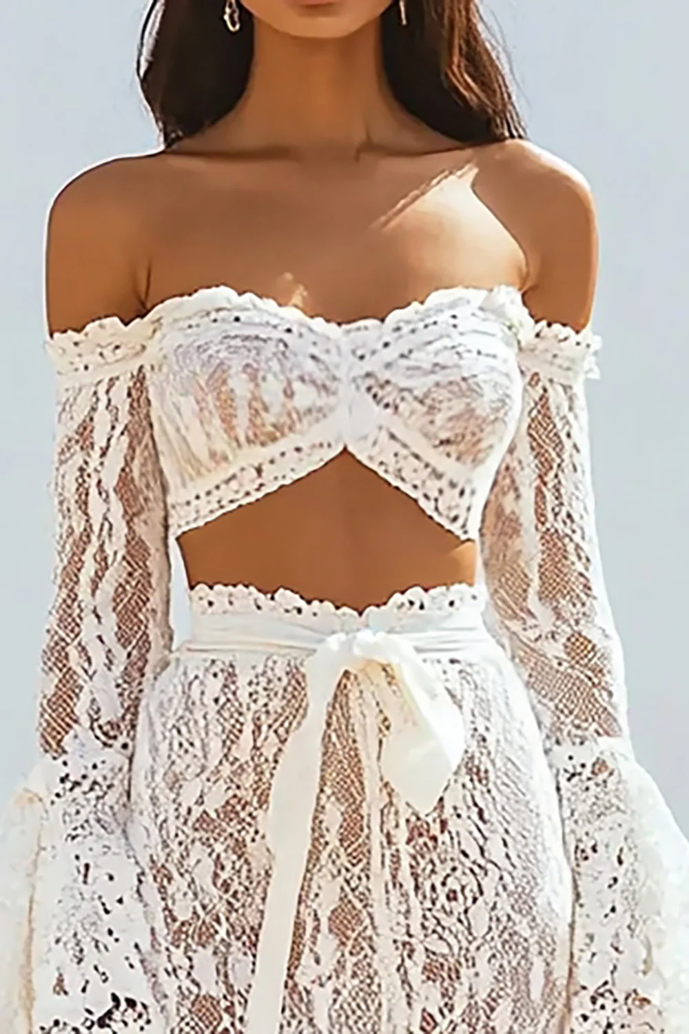 Two Piece White Lace Boho Maxi Dress with Long Sleeves - JUORTHO