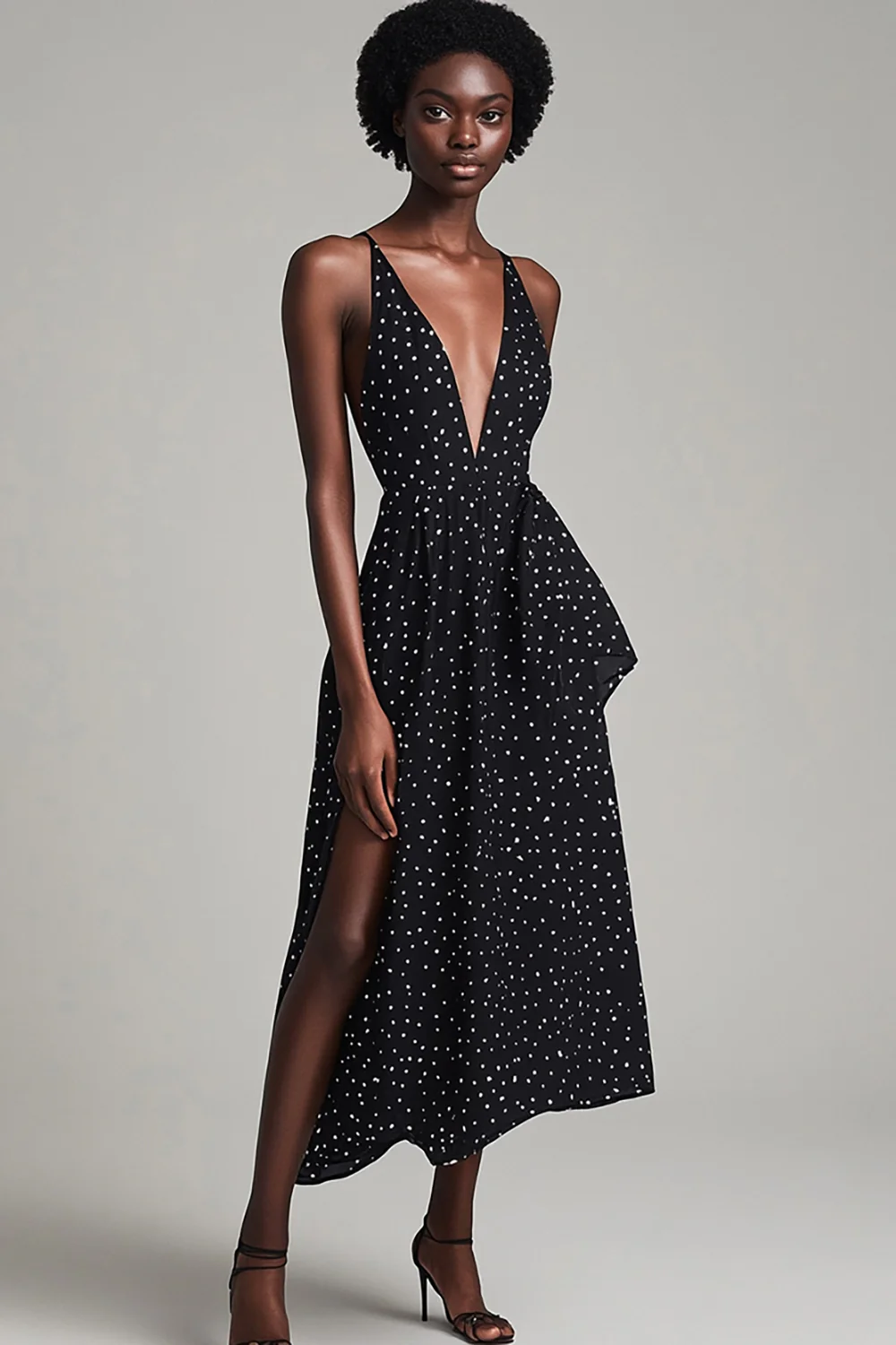 A Line Black and White Boho Maxi Chiffon Polka Dot Dress with Slit - JUORTHO