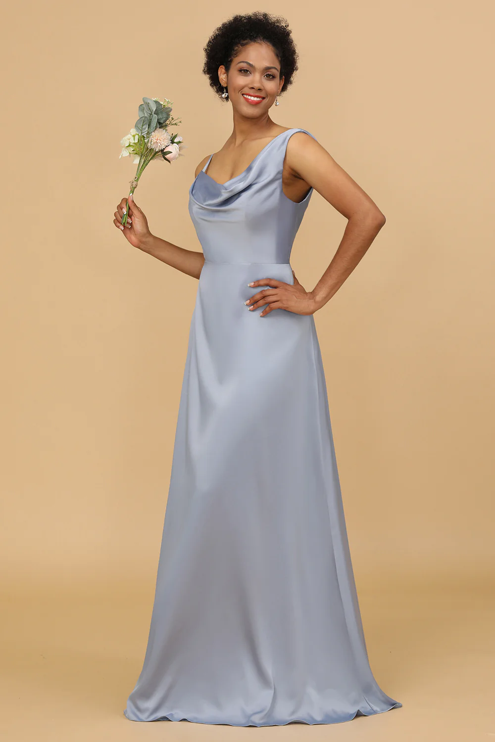 Grey Blue Cowl Neck Floor-Length Satin Bridesmaid Dress - JUORTHO