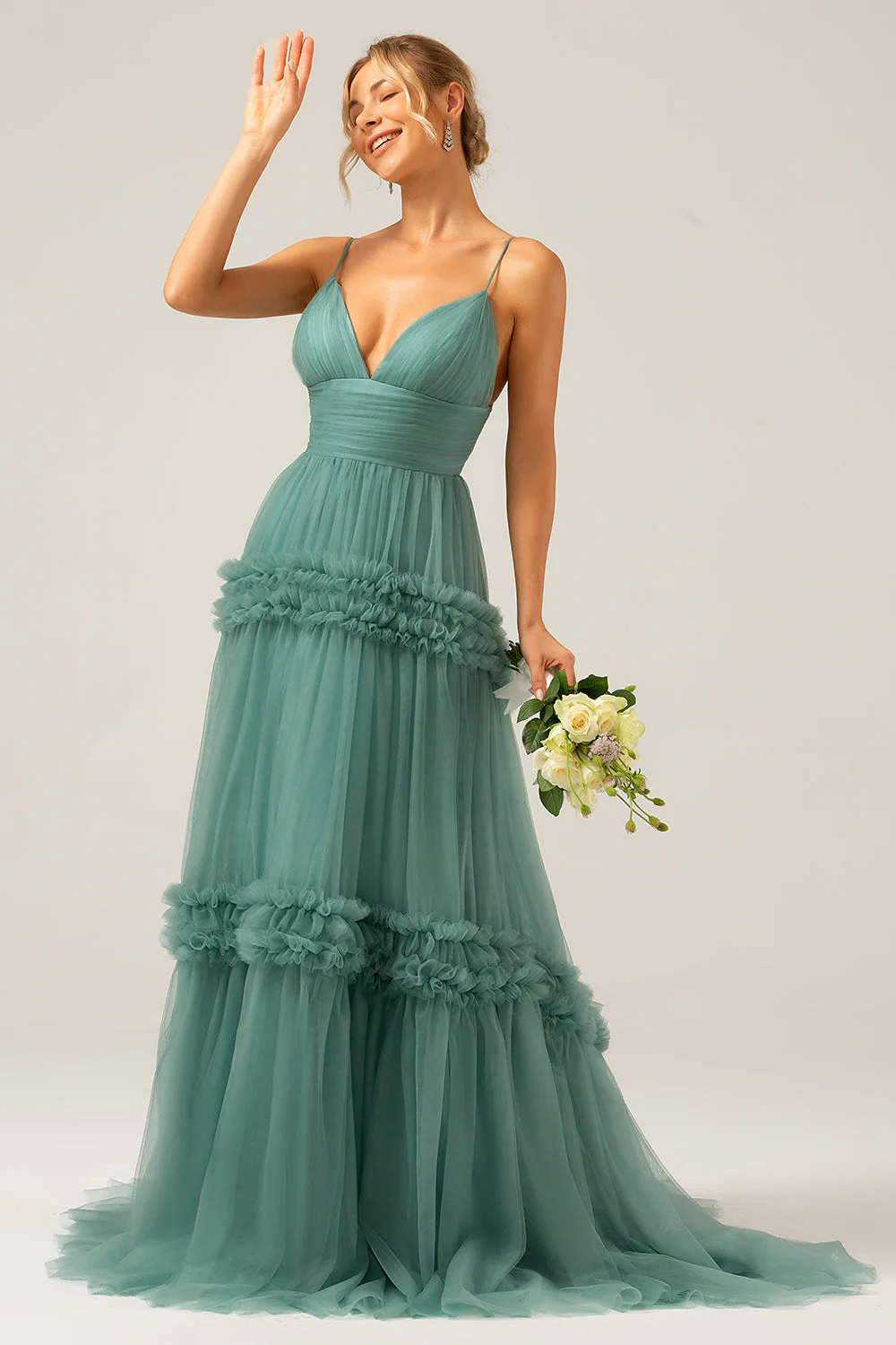 Green Tulle A Line Spaghetti Straps Long Bridesmaid Dress with Ruffles - JUORTHO