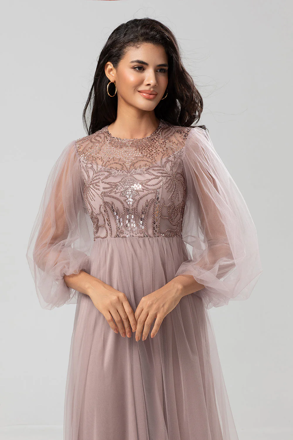 Chic Romantic A Line Jewel Neck Grey Blue Long Wedding Party Dress with Long Sleeves - JUORTHO