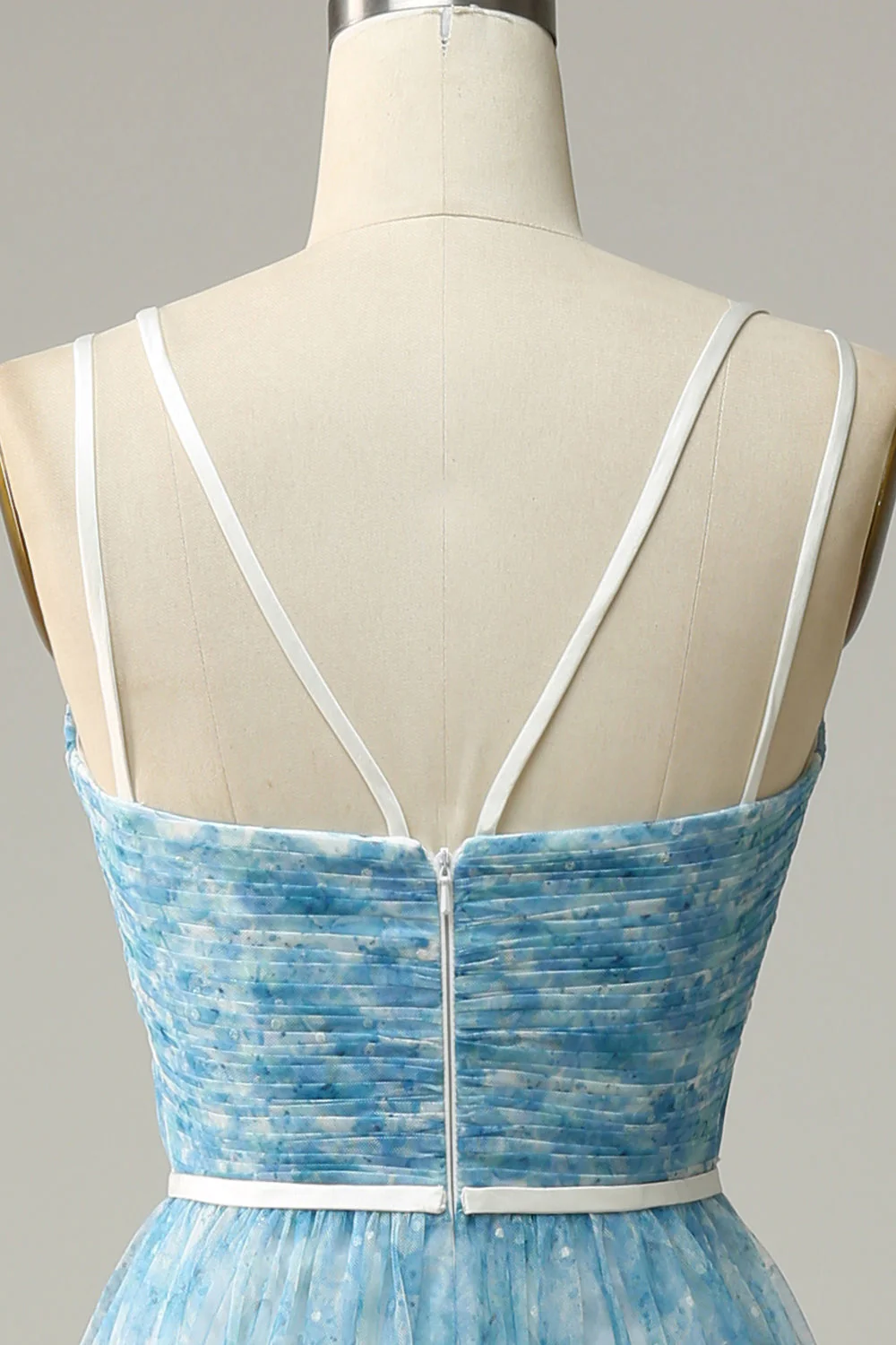 Blue Printed A-Line Tulle Long Bridesmaid Dress - JUORTHO