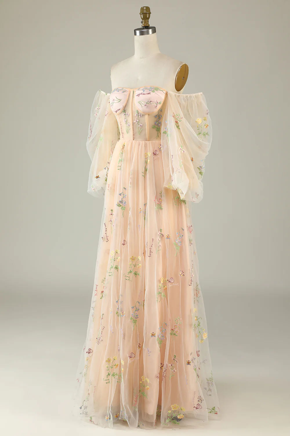 Green Off Shoulder Floral Long Prom Dress - JUORTHO