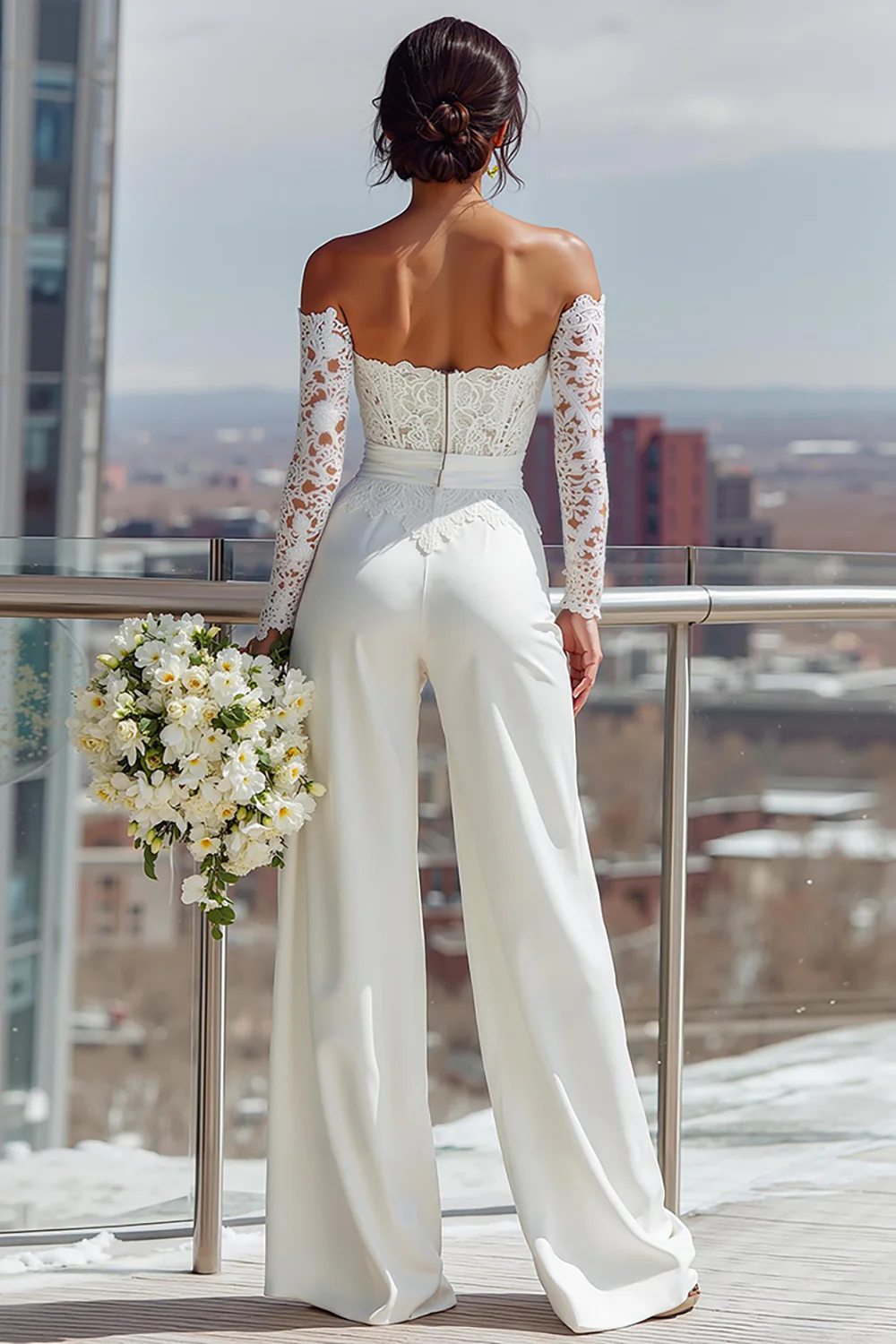 White Satin Sweetheart Bridal Jumpsuits with Lace - JUORTHO