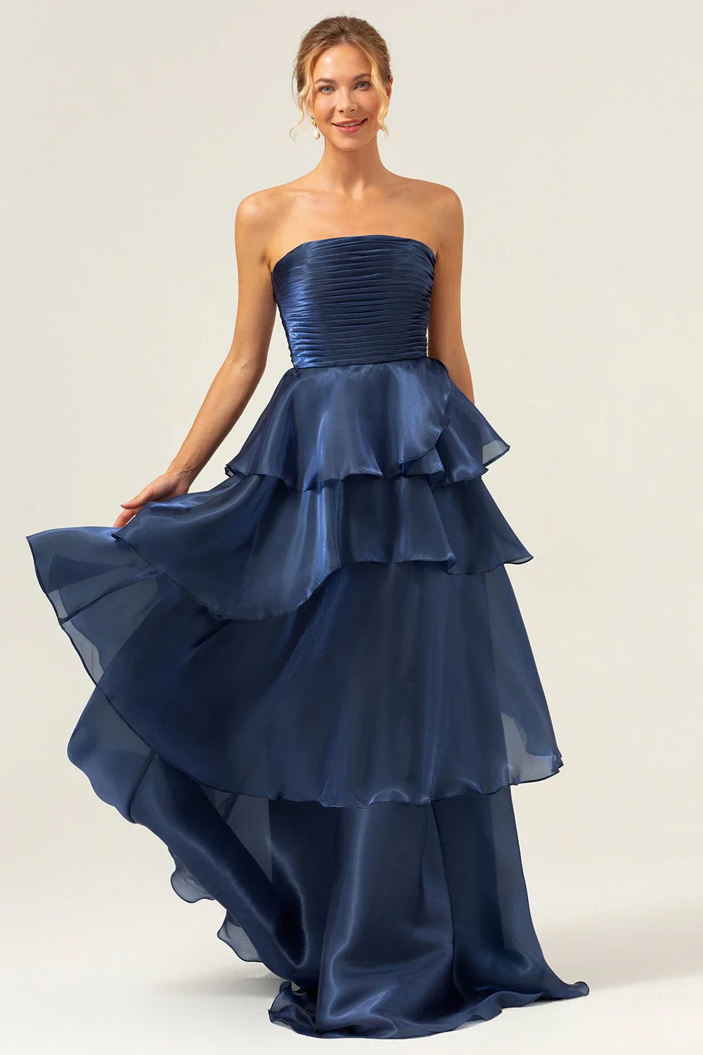 Dark Navy A Line Strapless Tiered Satin Long Bridesmaid Dress - JUORTHO