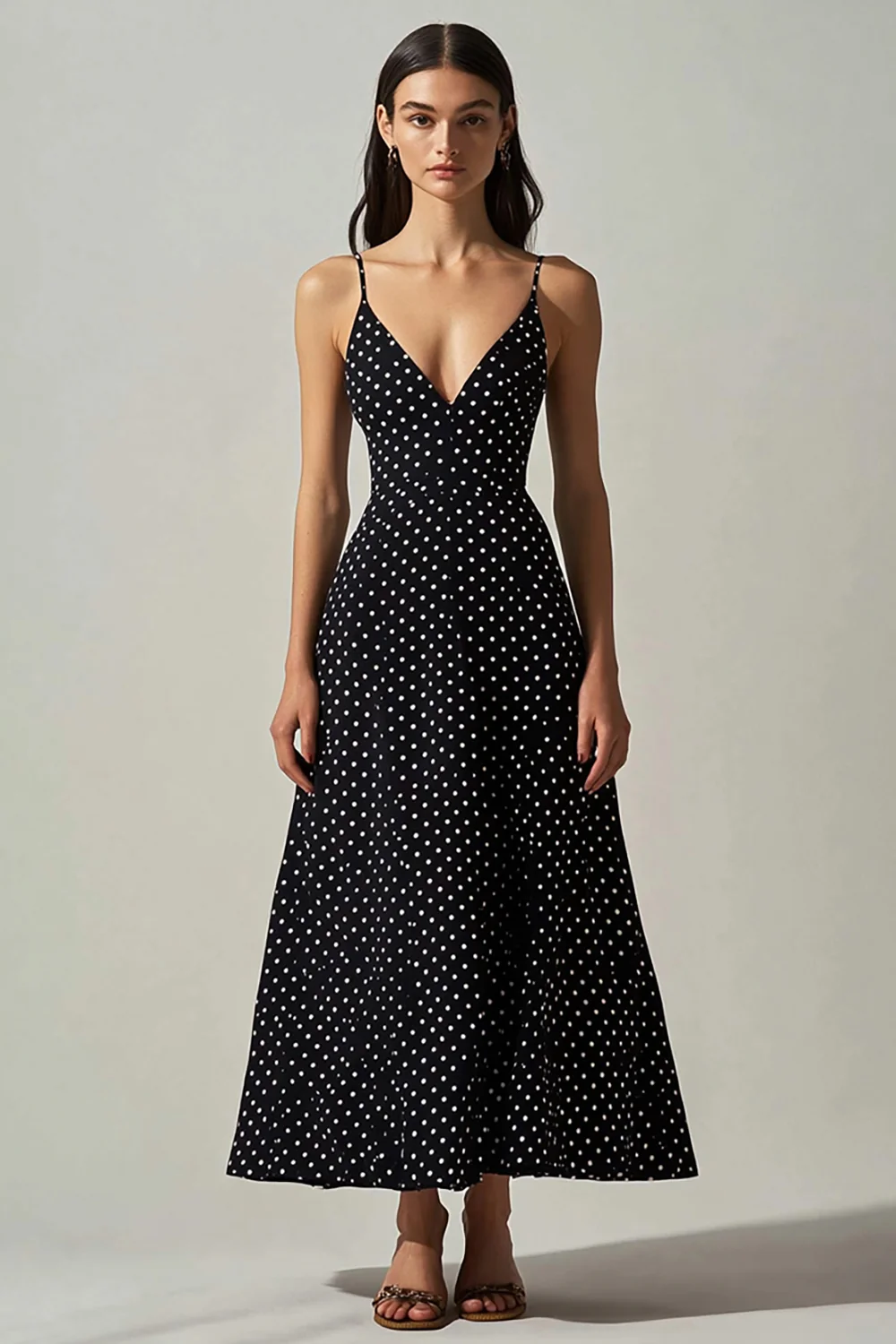 Boho Black and White A Line Spaghetti Straps Maxi Chiffon Polka Dot Dress - JUORTHO