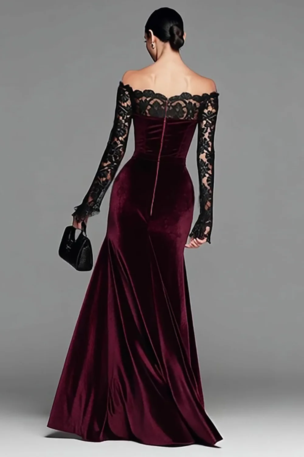 Burgundy Velvet Mermaid Long Sleeves Holiday Party Dress with Lace - JUORTHO
