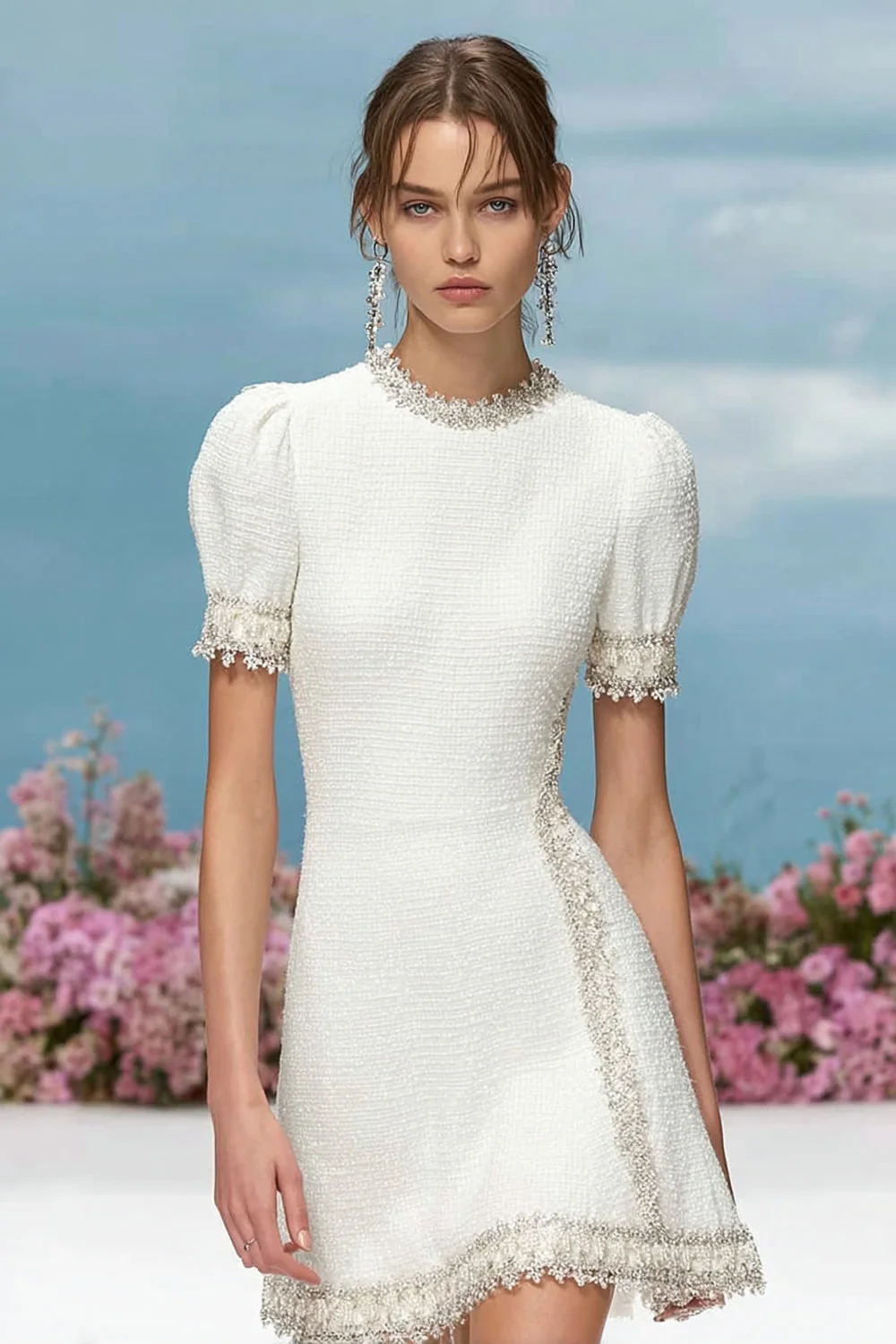 White Tweed Round Neck Short Sleeves Homecoming Dress with Appliques - JUORTHO