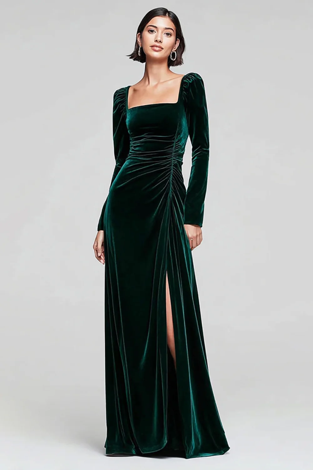 Dark Green Sheath Velvet Square Neck Long Sleeves Holiday Party Dress with Slit - JUORTHO