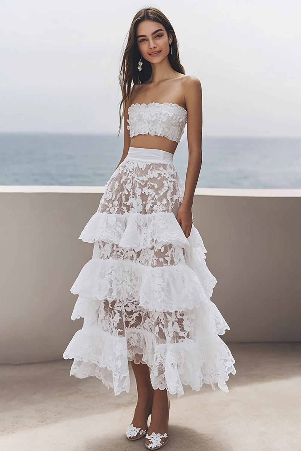 Ivory Lace 2 Piece Tiered Maxi Rehearsal Dinner Dress with Ruffles - JUORTHO