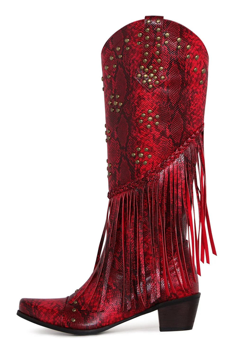 Women's Black Beaded Fringes Pointed Toe Chunky Hell Boots - JUORTHO