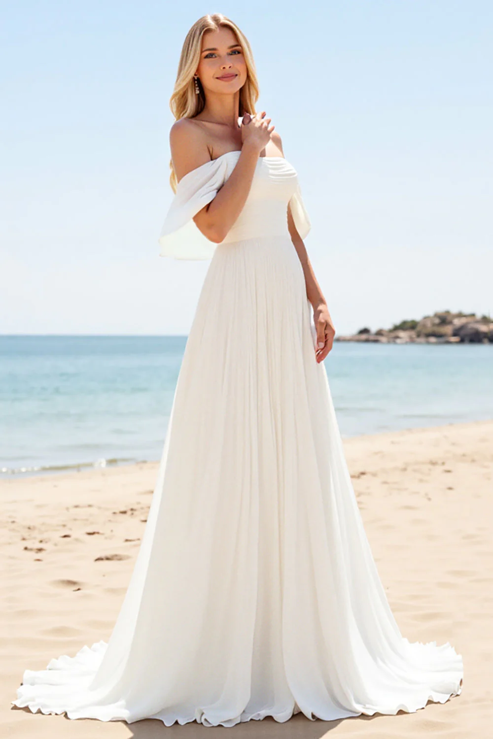 A Line Ivory Chiffon Off the Shoulder Long Wedding Dress with Slit - JUORTHO