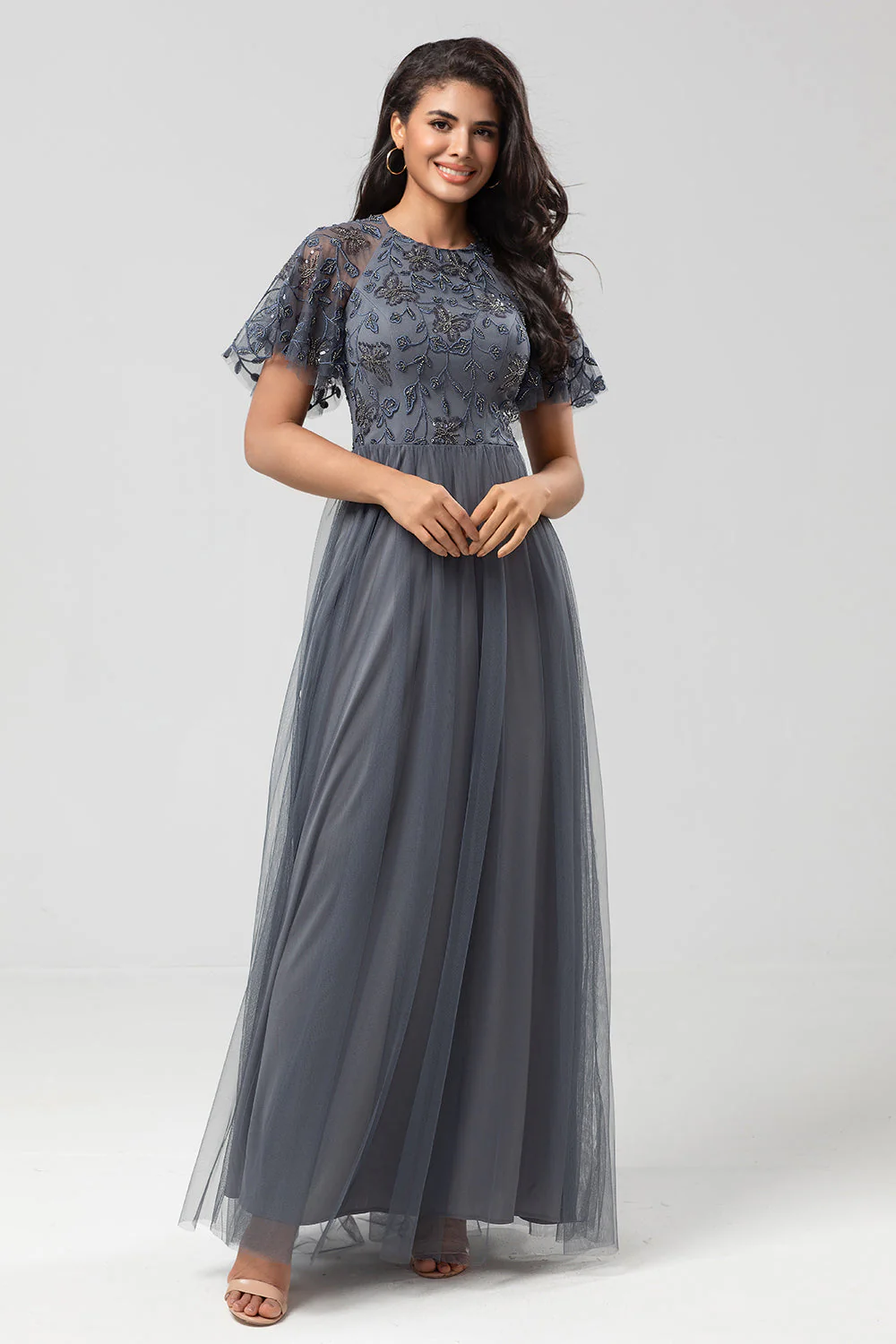 Classic Elegance A-Line Jewel Neck Grey Long Mother Dress with Short Sleeves - JUORTHO