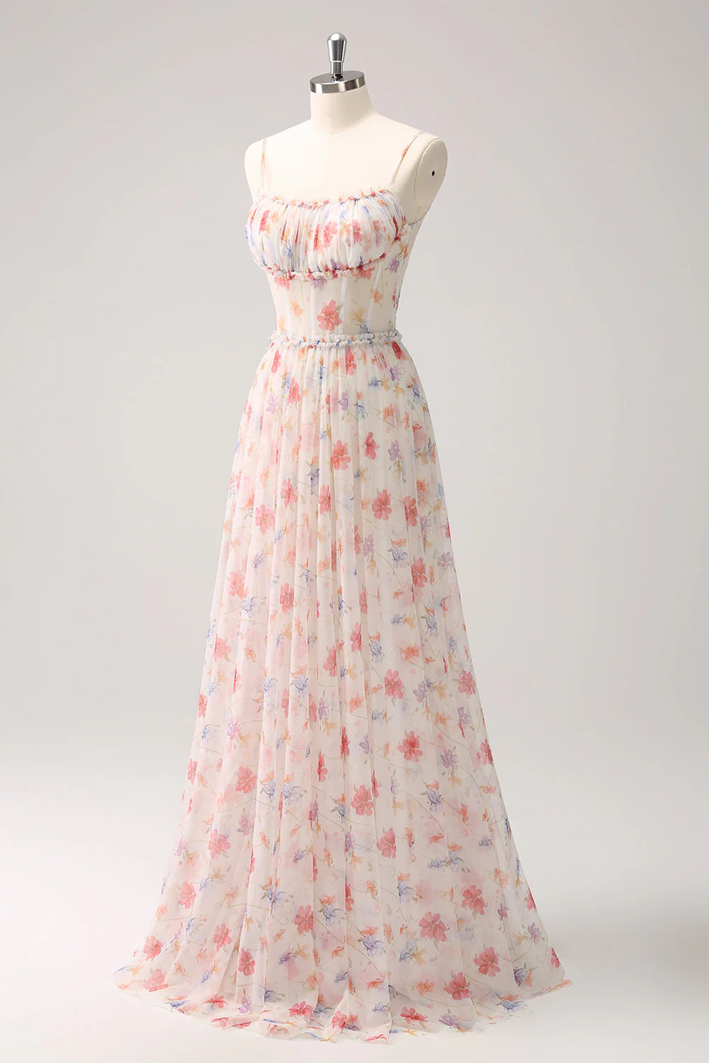 White Red Floral Corset A-Line Spaghetti Straps Long Bridesmaid Dress - JUORTHO