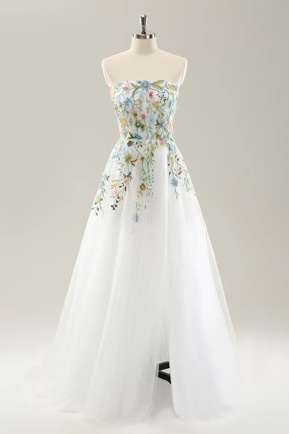 White A Line Strapless 3D Flowers Tulle Wedding Dress with Slit - JUORTHO