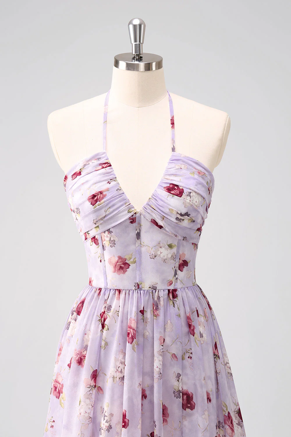 Grey Purple Floral A Line Corset Halter Bridesmaid Dress with Slit - JUORTHO