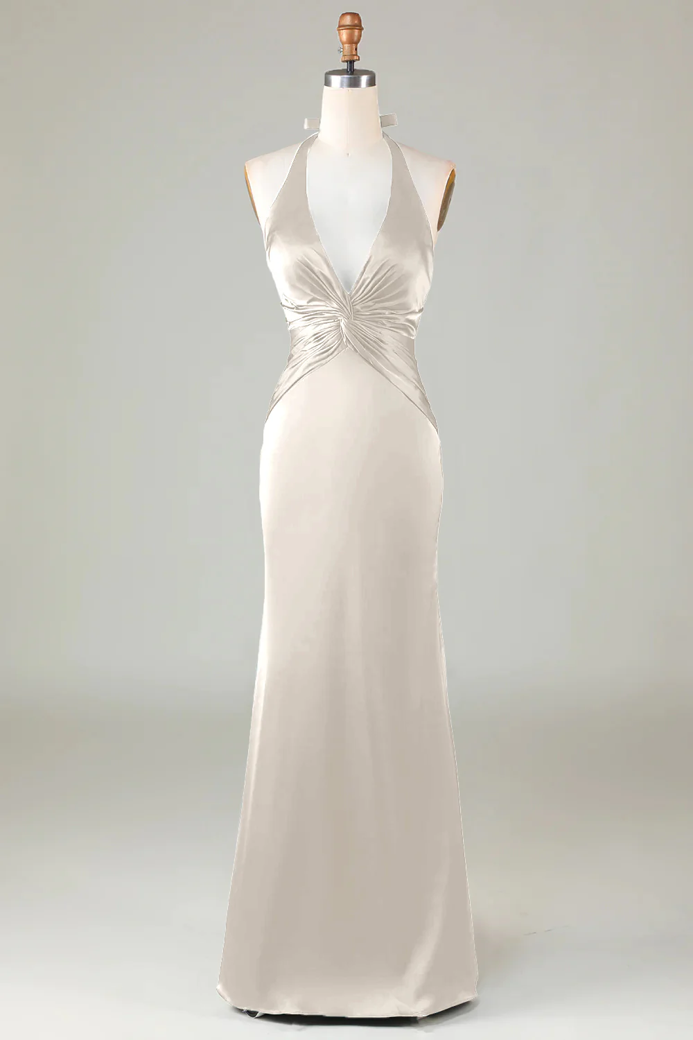 Mermaid Halter Dusty Blue Long Satin Bridesmaid Dress - JUORTHO