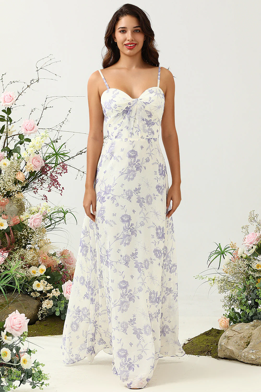 Spaghetti Straps Blue Floral Long Bridesmaid Dress - JUORTHO