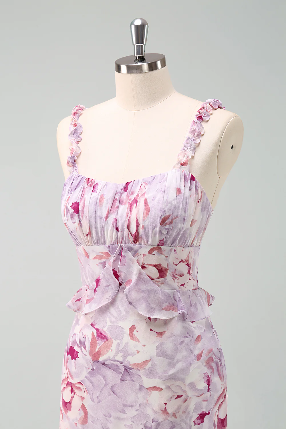 Grey Purple Sheath Chiffon Floral Bridesmaid Dress - JUORTHO