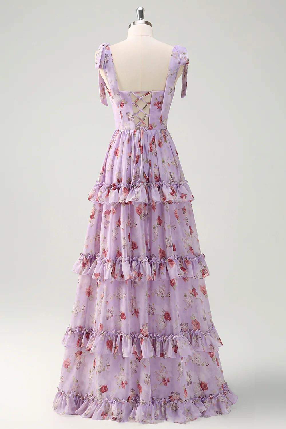 Grey Purple A-Line Tiered Print Floral Bridesmaid Dress with Ruffle Slit - JUORTHO