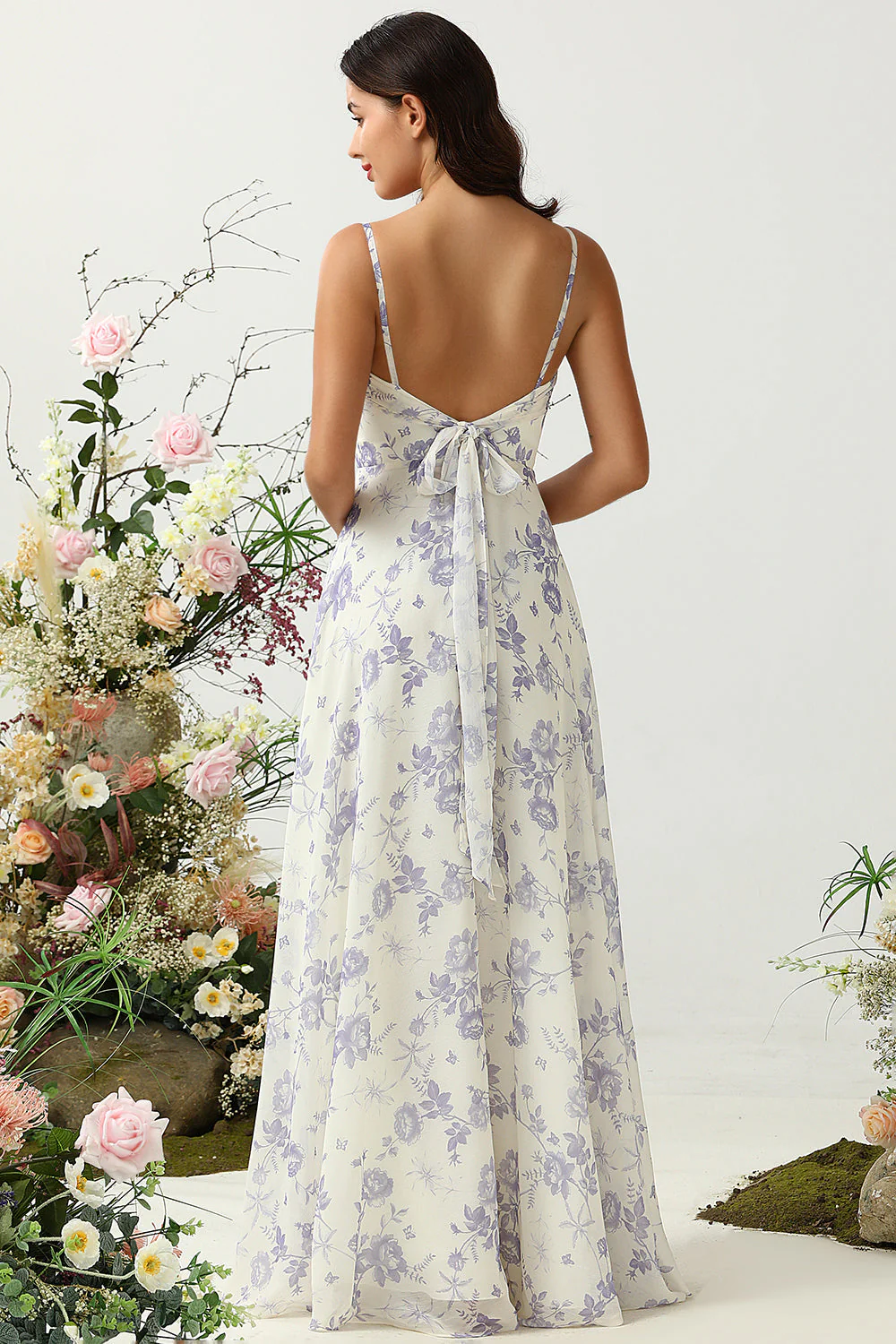 Spaghetti Straps Purple Floral Long Bridesmaid Dress - JUORTHO