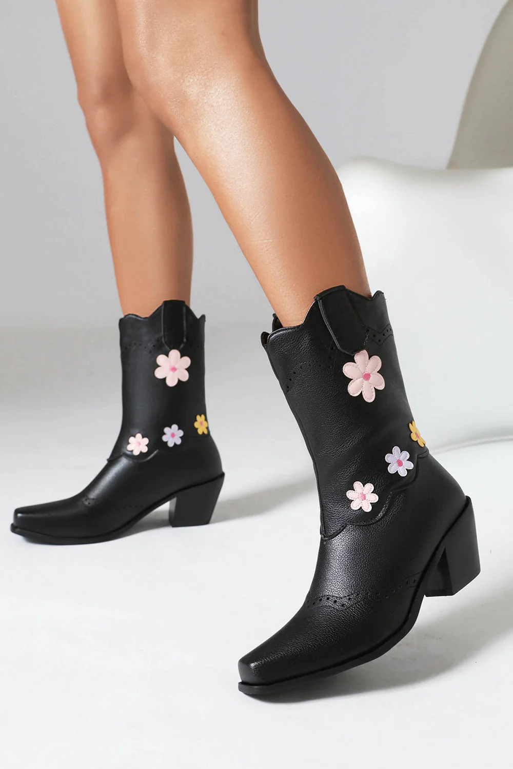Black Mid Calf Chunky Heel Cowgirl Boots - JUORTHO