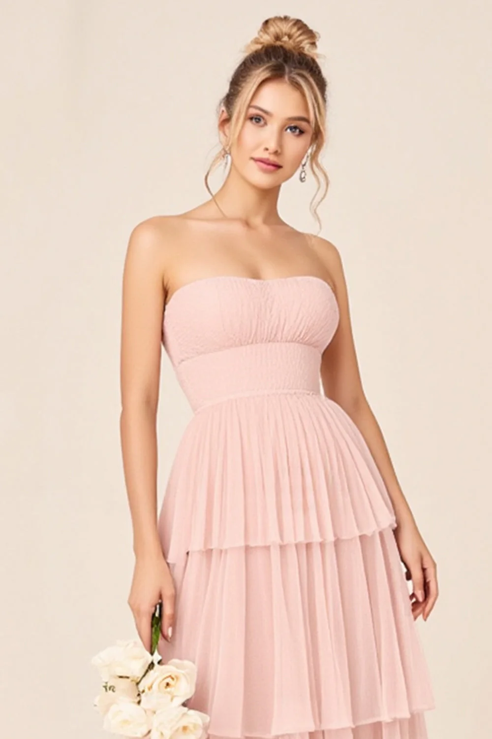 A Line Tiered Candy Pink Strapless Long Bridesmaid Dress - JUORTHO