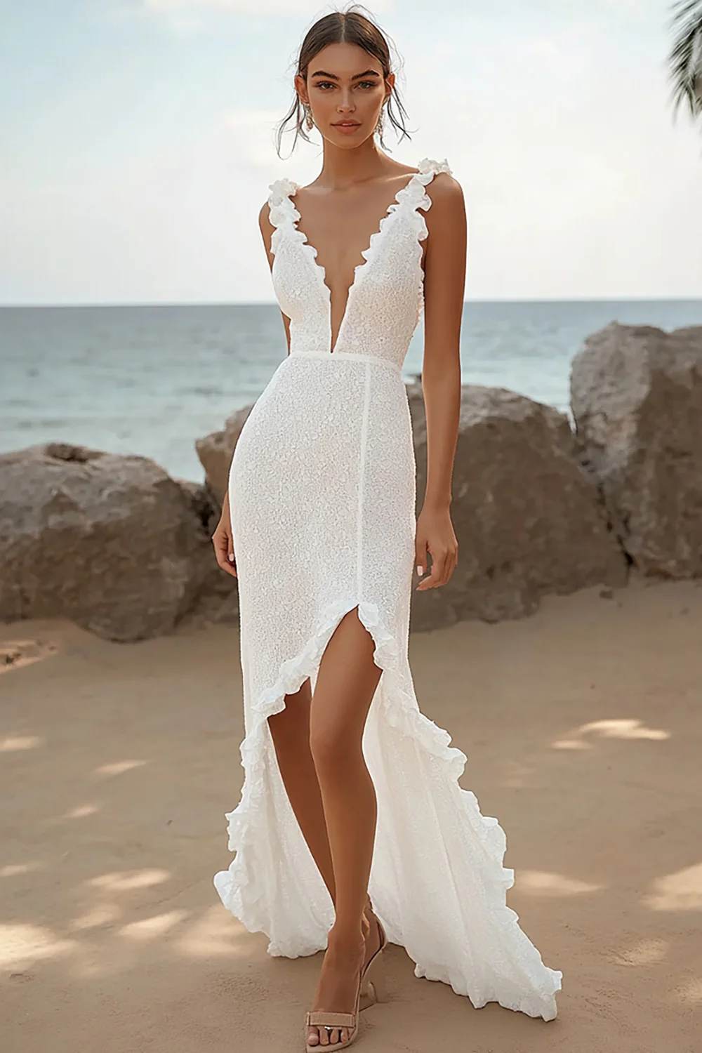 Ivory Lace Deep V-Neck High-Low Rehearsal Dinner Dress with Ruffles - JUORTHO