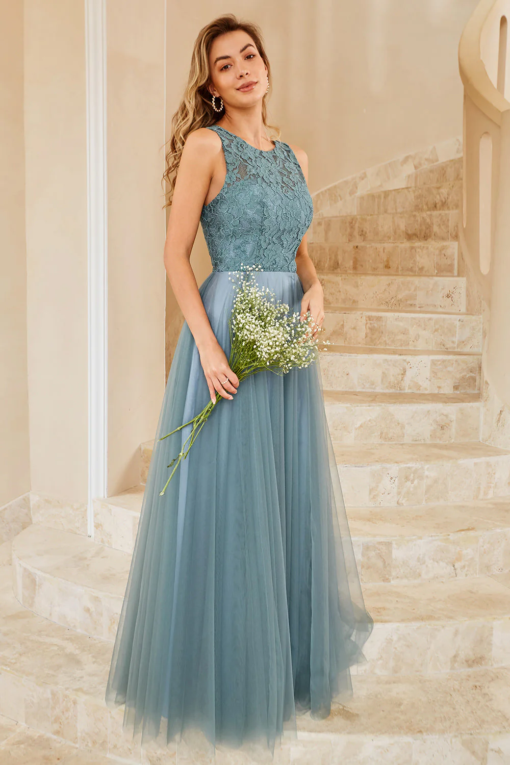 Grey Blue Tulle Bridesmaid Dress with Lace - JUORTHO
